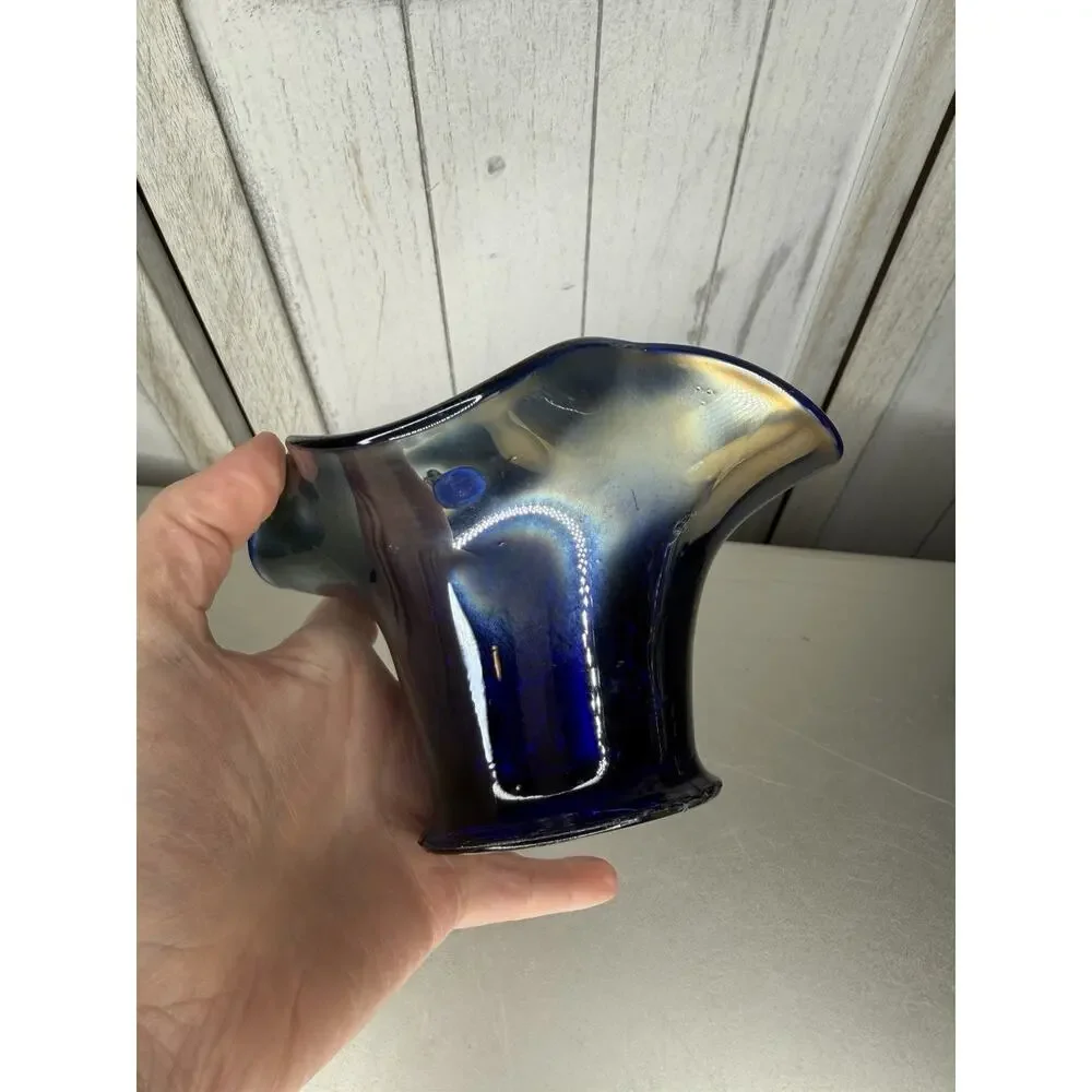 Vintage Fenton Hat Vase Bowl Cobalt Blue Carnival Glass Leaves & Berries